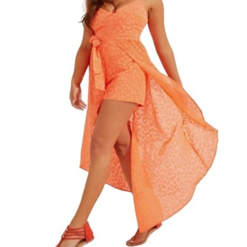Guess Vibrant Orange High Low Dress Romper Combo - Animal Print - US8